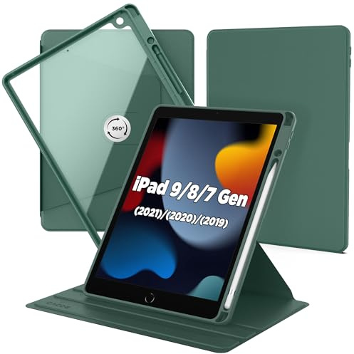 CACOE Hülle für iPad 9./ 8./ 7. Generation 10,2 Zoll mit Stifthalter | 360 Grad Drehbare Stoßfeste Schutzhülle mit Transparenter Rückschale, Nachtgrün