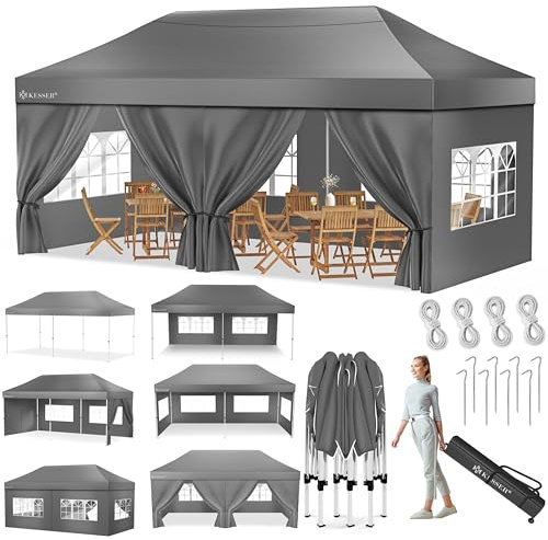 KESSER® Pavillon Faltpavillon 6x3m Festzelt mit 6 abnehmbaren Seitenwänden, Gartenzelt Höhenverstellbar & Wasserdicht + Tasche Rollbar Bodenanker Pop-Up Klicksystem UV-Schutz 50+ Partyzelt Anthrazit