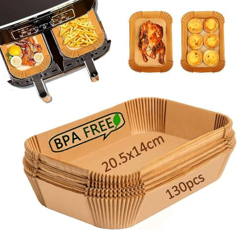Leylve 130 Stück Backpapier für HeißLuftfritteuse Dual Zone, 20.5 * 14cm Airfryer Backpapier, Heißluftfritteuse Zubehör Kompatibel mit Ninja AF300EU AF400EU, Princess und Anderen Dual Zone Air Fryer