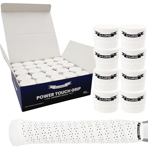 G-Lueck Übergriffband Set Tennis Premium Overgrip Power Touch mit Perforation - Hoher Grip, Lange Haltbarkeit - 0,60mm Stärke | für Padel, Squash, Badminton Schläger | perforiert (Weiß, 50er Set)