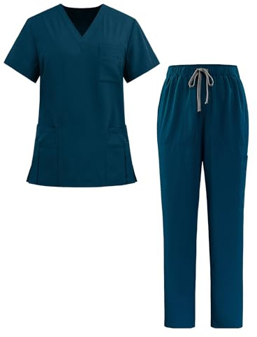 Ausing Indumenti Professionali Uniforme di Cura Kassak Set di Cura Uniforme Medica Moderna con Top e Pantaloni Blu Caraibico Set di Scrub S