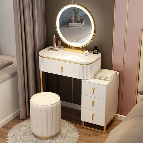 Moderner Make-up-Schreibtisch mit Spiegel und Lichtern, Schminktisch-Set mit 4 Schubladen, gepolsterter Hocker, ideal für Damen- und Mädchenzimmer (60 cm, Espresso)