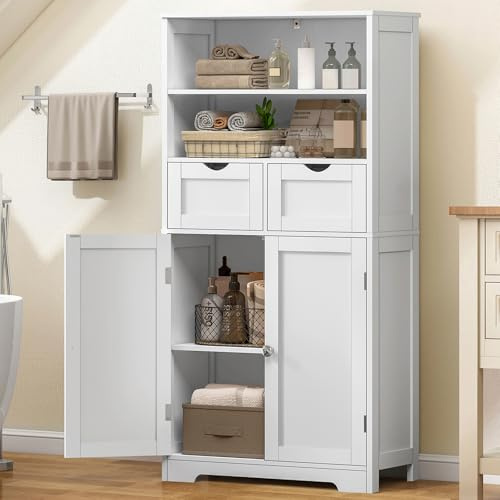 TEENFON Badezimmerschrank, Badschrank Hochschrank mit 2 Türen & 2 Schubladen - Aufbewahrungsschrank mit Höhenverstellbaren Regale für Bad, Küche, Flur & Wohnzimmer - 60 x 30 x 125 cm - Weiß