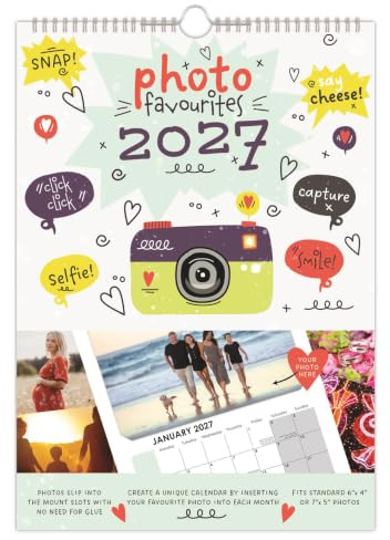 2026 Photo Favourites A4 Wandkalender - Erstellen Sie Ihren eigenen Kalender 15,2 x 10,2 cm / 12,7 x 17,8 cm - Doppeldrahtgebundener Aufhängehaken - Personalisierter Monatsplaner mit Foto-Display
