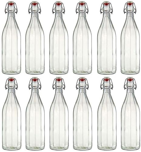 Flaschenland 12 edle Glasflaschen 1000 ml mit Bügelverschluss, einzigartiges Design, luftdichte Bügelflaschen für Limonade, Saft, Likör, Wasser, Öl zu Hause oder in Cafés und Bars | Made in Germany