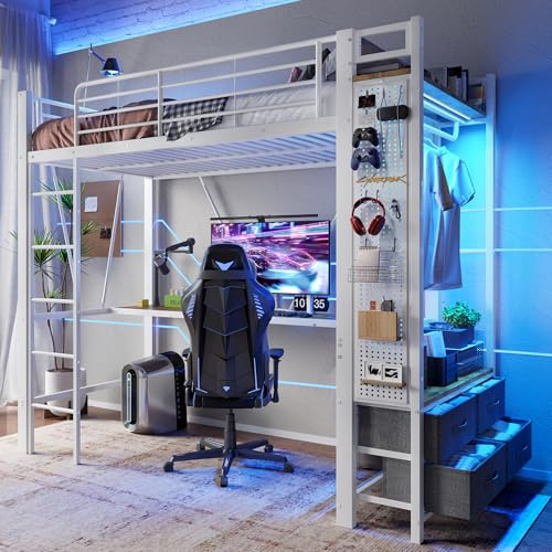Merax Kinderbett Hochbett 90x200cm, Hochbett mit Schreibtisch, Treppe und Stauschrank, Multifunktionsbett Jugendhochbett mit LED und USB, Ohne Matratze, Weiß, 227,5x95x180 cm
