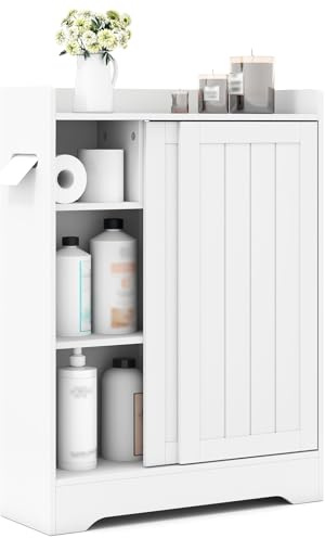 COSTWAY Meuble Salle de Bain, Armoire de Rangement avec 2 Porte-Papier Toilette, Portes Coulissantes, pour Brosse WC, Étagères Réglables, Placard, pour Petits Espaces, 20 x 60 x 80 cm (Blanc)