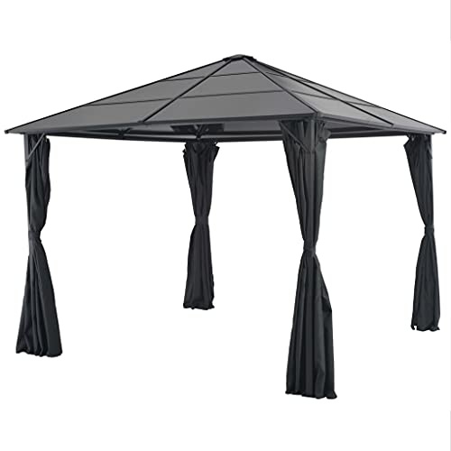 Trädgårdspaviljong med gardin, aluminium och stål, 3 x 3 m, svart, 6 mm PC-tak, UV-skydd för trädgård, terrass, utomhusevenemang