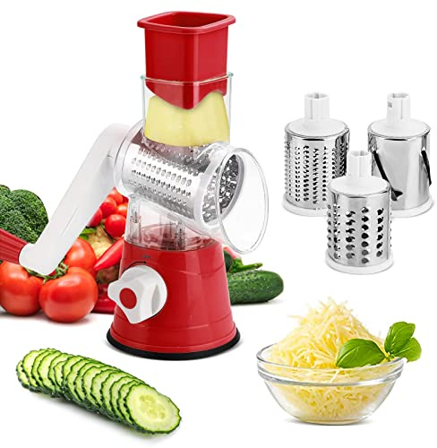 SUNNYNEST Rotary Cheese Grater Rotary Vegetable Slicer Manual Round Mandoline Vegetable Slicer with 3 Interchangeable Blades for Potato, Carrot, Garlic, Walnut (Red)
