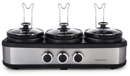 Morphy Richards 3.9L TrioServe Three Pot Slow Cooker, Ceramic Pots, 3 Heat Settings, Independent Temperature Controls, Tempered Glass Lid, Easy Clean, Brushed Stainless Steel, 462501