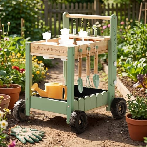 ROBOTIME Wooden Garden Trolley with Height Adjustable Green for Kid Age 3+