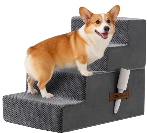 Scaletta per Cani e Rampa per Letto Alto e Divano, 33-61 cm Scala Rimovibile per Cani Piccoli e Medi, Schiuma 40D Robusta, Antiscivolo, Rivestimento Lavabile con Rullo Levapelucchi, Grigio