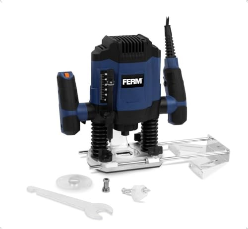 FERM Fresadora de Superficie 1200W – Enrutadora Eléctrica para Fresas de 6mm y 8mm – Velocidad Variable (16.000-30.000 rpm) – Profundidad 55mm – Incluye 3 Fresas y Guía Paralela