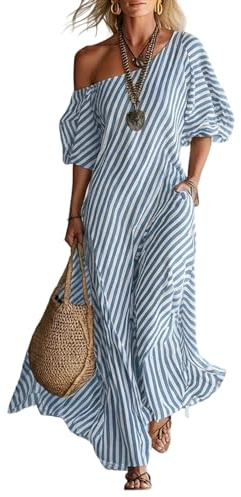 Womens Summer Maxi Dress Boho Off Shoulder Short Sleeve Flowy Long Dresses for Women UK with Pockets Casual Beach Sun Dress for Holiday Party Daily Wear