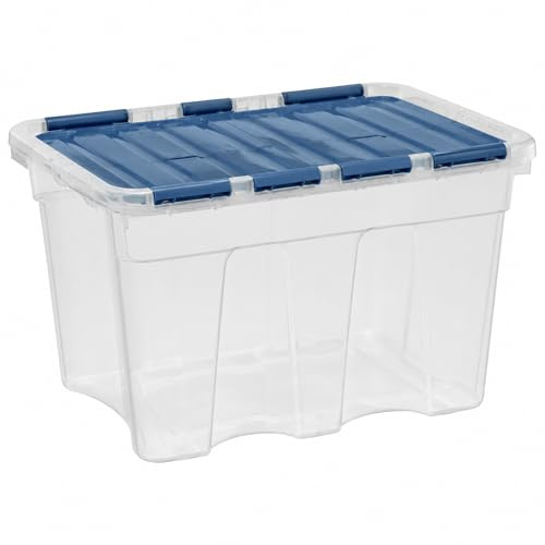KetoPlastics 54L Croc Storage Box with Attached Interlocking Lid, Clear Plastic Storage Container with Blue Lid, Stackable & Nestable, Strong Storage Box, Made in UK
