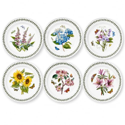 Portmeirion x Botanic Garden Set of 6 Plates - White Dinner Plates with Floral Motifs and Butterflies, Dishwasher & Microwave Safe, Made in England, Suitable for Everyday Dining or Picnics, 25cm