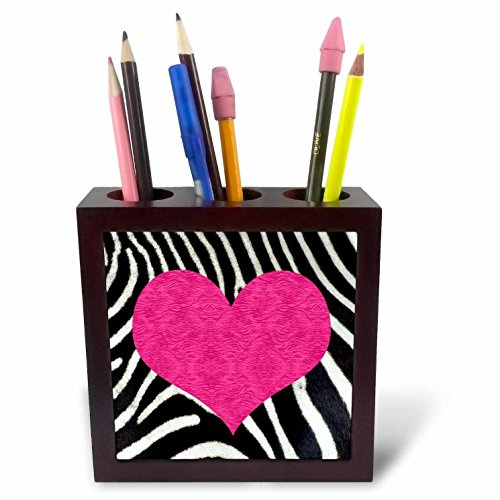3dRose ph_20393_1 Punk Rockabilly Zebra Animal Stripe Pink Heart Print Tile Pen Holder, 5-Inch