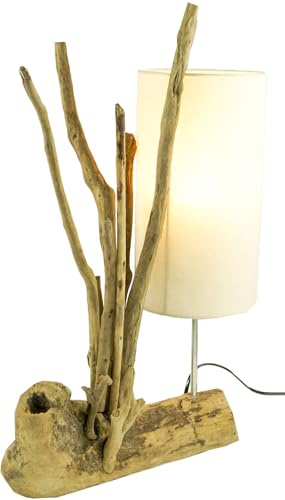 Tischleuchte handgefertigt aus Treibholz und Baumwolle, Modell Madura | Stabiler Holzfuß, natürliche Materialien, einzigartiges Design, ideal für Naturfreunde.