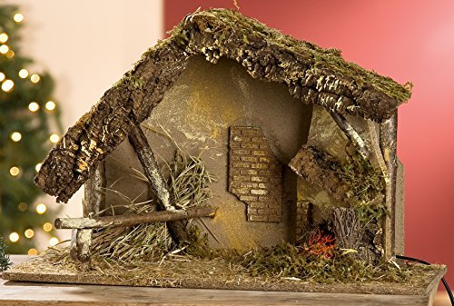 GILDE Krippenstall Holzkrippe Dekokrippe aus Naturholz mit Beleuchtung, 23x50x30 cm