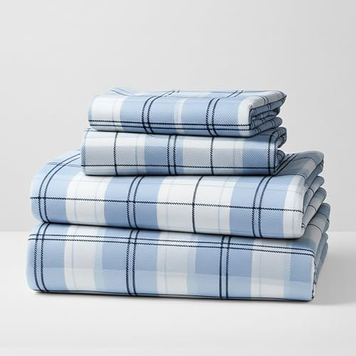 Mellanni Cotton Flannel Sheet Set - Double Brushed for Added Softness & Comfort - Deep Pocket Fitted Sheet up to 16 - 3 Piece Set (Twin XL, Light Blue Plaid)