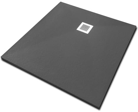 Veroni Duschwanne aus Kompositstein mit Schiefer-Muster flach (TxBxH) 100 x 100 x 3 cm Schwarz | Schieferstruktur, flach und modern, rutschhemmend, robust, inkl. Ablaufgarnitur