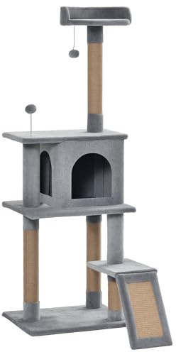 PawHut Cat Tree Tower 142cm Climbing Kitten Activity Center with Jute Scratching Post Board Perch Roomy Condo Removable Felt Hanging Toy, Grey