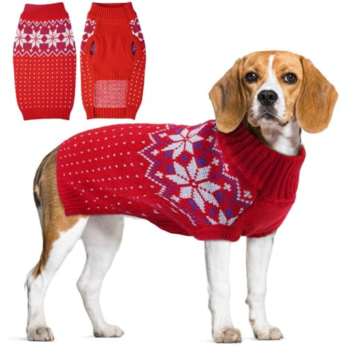 KATZINST Hunde Pullover, Weihnachtspullover Hund, Hundepullover Fleece Weihnachten mit Schneeflockenmuster, Hundepullover Grosse Hunde für Labrador Jack Russell Weimarer Hund, Rot XL