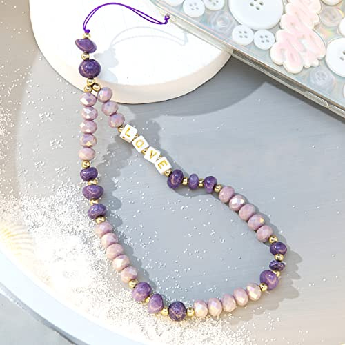 Universale Handykette Perlen Handyanhänger,Handy Schlüsselban Handy Lanyard Telefon Anhänger Seil Bunte Love Kristall Stein Perlen Telefon Kette Strap für Frauen,Auto Schlüsselanhänge,30cm Violett