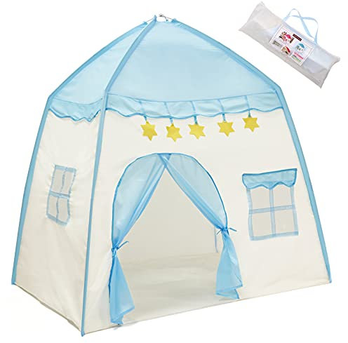 Falthaus Spielzelt Palast 140 cm - Farbe: Blau- Ästhetisches Design - Stabiler Rahmen - Kegeldach - Praktische Tasche