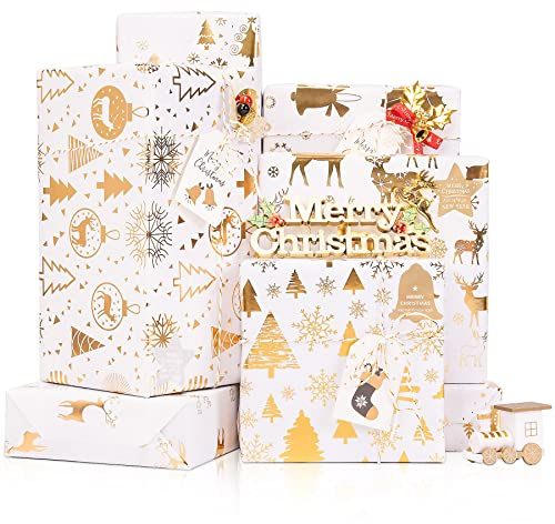 Larcenciel Papel De Regalo Navidad, 6 Hojas Papel Metálico Con Etiqueta, Cintas Y Pegatina, Alce Campana Juego de Envolver Para Cumpleaños, Año Nuevo, Vacaciones (70x50cm)
