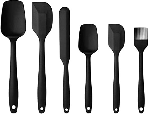 Set di 6 utensili da cucina in silicone con cucchiaio, pennello da forno, spatola in silicone alimentare, resistente al calore, acciaio inox e design senza cuciture (nero)