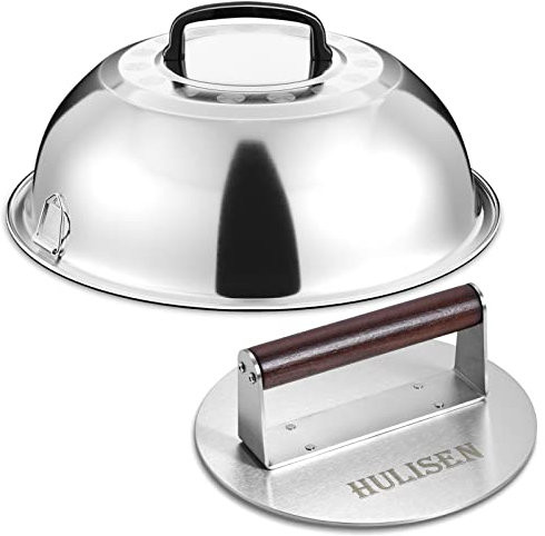 HULISEN Heavy-Duty Burger Press & Melting Dome Set, 8.5 Inch Round Stainless Steel Bacon Press with Wooden Handle, 12 Inch Basting Cover, Griddle Accessories Kit for Flat Top Grill Indoor/Outdoor