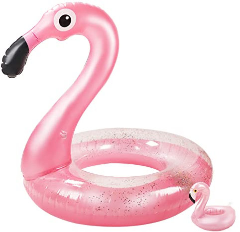 GOHHME Fenicottero Gonfiabile Galleggiante Gigante, Durevole Fenicottero Salvagente Gonfiabile con Portabevande, Giochi per Piscina Gonfiabile per Bambini e Adulti