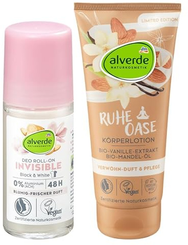 alverde Naturkosmetik 2er-Set Körperpflege: Deo Roll-On Invisible 48h blumig-frisch ohne Aluminiumsalze, 50 ml + Handcreme Ruheoase feuchtigkeitsspendend mit Vanille-Extrakt, Mandel-Öl, 75 ml (105 ml)