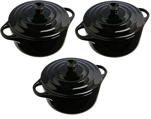 Lot de 3 Mini Cocottes Noire Céramique Double Poignées avec Couvercle 13,5cm x 8cm Contenance Moule 200ml Ramequin Résistant Haute Température Four pour Petits Plats (Noir, Lot de 3) …