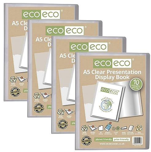 eco-eco Präsentationsbuch, A5, 50% recycelt, 10 Taschen, transparent, Aufbewahrungsbox, Portfolio-Kunstmappe mit Kunststoffhüllen, 4 Stück, eco126 x 4