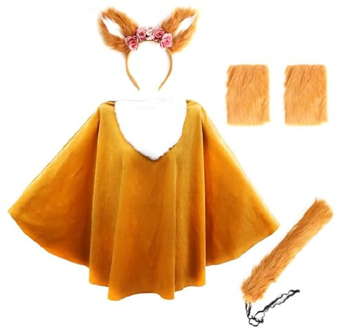 Paxrmuky Fuchs Werwolf Katzen Kostüm Damen, Fuchs Ohren Haarreif + Umhang+ Plüschschwanz + Stiefelüberzüge, Karneval Fasching Cosplay Kostüm Party Zubehör