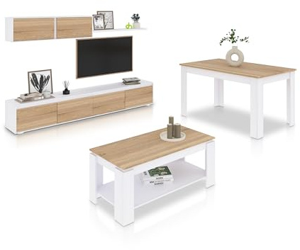 duehome | Pack de Salon con Modulo TV + Mesa de Centro Elevable y Mesa de Comedor, Conjunto de Salon, Modelo Arlet MAX V1, Acabado en Blanco Artik y Roble Canadian