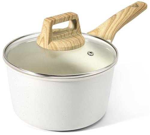 GiPP Nonstick Sauce Pan with Lid - 1.5L Small Sauce Pot Non Stick Cooking Pot with Stay-Cool Handle, Kitchen Pots Granite Saucepan Induction Compatible, PFOA Free(White, 16cm)