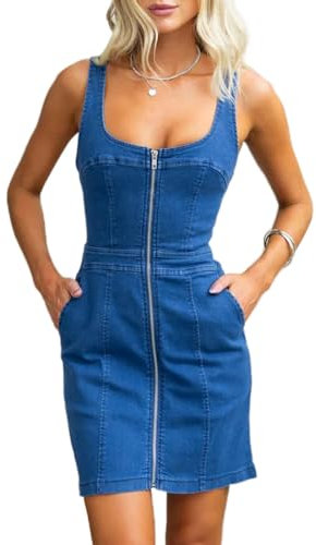 Xaspee Vestido de Verano para Mujer, con Cremallera Frontal, sin Mangas, para Oficina, Trabajo, Mini Vestido de Mezclilla Ajustado con Bolsillos, Azul, S