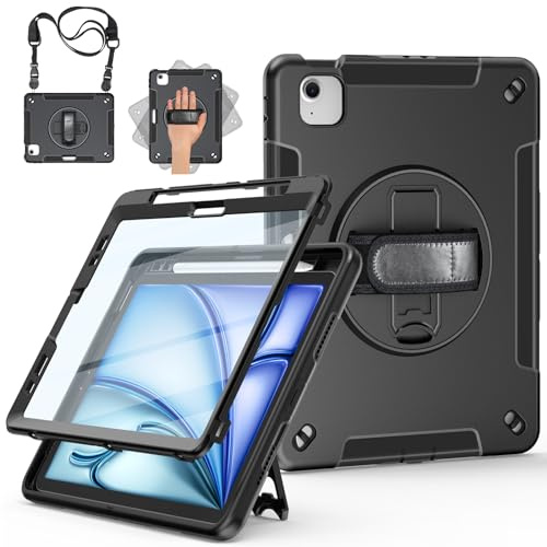 Miesherk Fodral för iPad Air 11 tum M4/M3/M2 2026/2025/2024, militär slitstark stötsäker iPad Air 5:e/4:e 10,9 2022/2020-skärmskydd, pennhållare, roterande stativ, hand/axelrem, svart