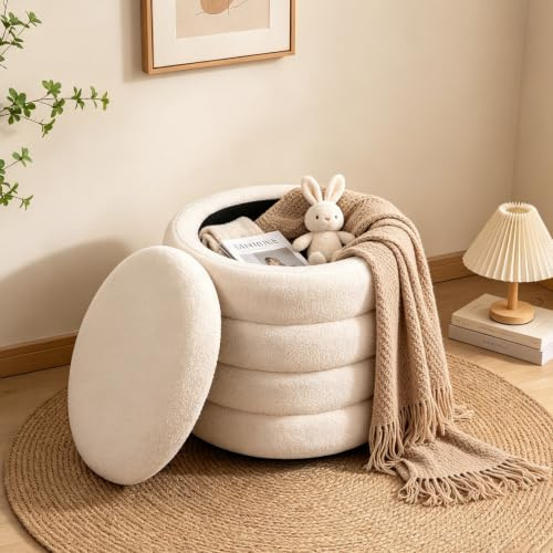 LEUTED Hocker mit Stauraum, Teddy Bouclé Sitzhocker, Ø46 × 47 cm | Ideal als Schminkhocker, Sitzgelegenheit oder Fußhocker – Passend für Wohnzimmer, Schlafzimmer und Studentenzimmer.
