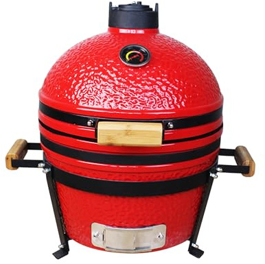 COOKFIRE - Barbacoa Kamado de Carbón Ø 40 cm - Grill Japonesa Con Termómetro y Asas de Bamboo - Portátil y Cerámica - Mini Parrilla (Rojo)