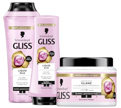 Gliss Shampoo Liquid Silk (250 ml) Glanz-Shampoo für stumpfes Haar & Spülung Liquid Silk (200 ml) Pflegespülung & 4-in-1 Kur Reparatur (400 ml) mit HaptIQ-System, Haarmaske