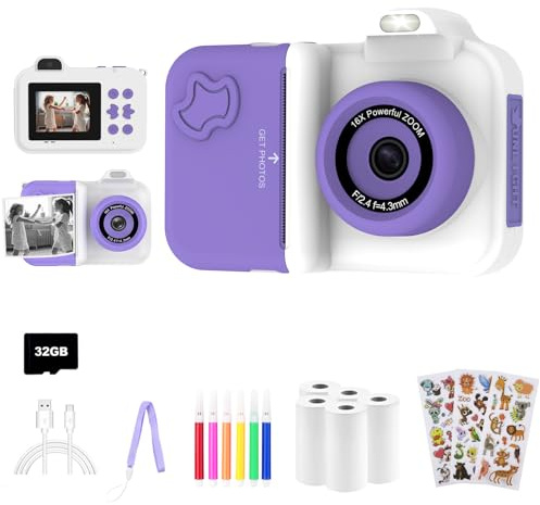 Appareil Photo instantané pour Enfants, Cadeau de Noël/Anniversaire Jouet pour Filles et garçons de 4 5 6 7 8 9 10 11 12 Ans, caméra Selfie HD Enfant Impression avec 5 Rouleaux Papier,Carte 32Go