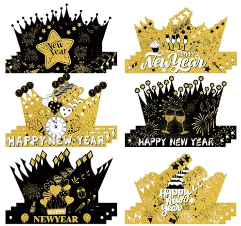 Papierhüte, Krone, Hüte und Kränze für Partys | 18 x Papierhüte für Silvester – Fotorequisiten, Dekoration für das neue Jahr, Diadem in Schwarz und