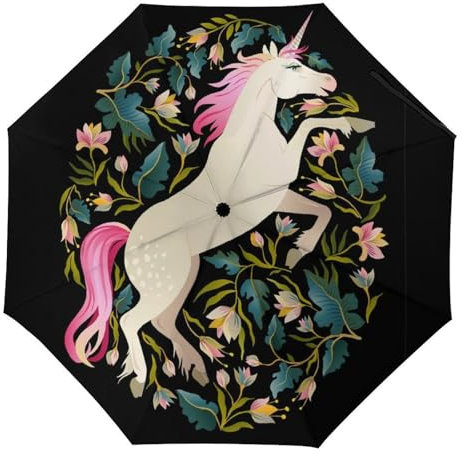 YBQLNP Kompakter Reise Regenschirm Springendes Einhorn Taschenschirm Automatisch Auf Und Zu Faltbarer Sonnenschirm