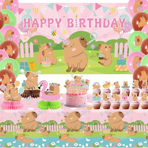 Obussgar Decoraciones de fiesta de cumpleaños de capibara rosa, accesorios incluyendo pancartas de feliz cumpleaños, espirales y adornos para tartas
