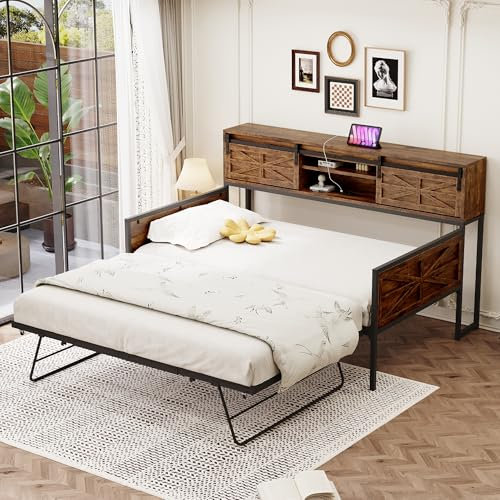 Dolamaní Tagesbett 90x200 cm Ausziehbar Bett zum Doppelbet mit Ablagefächern & Multifunktionalen Steckdosen, Ausziehbett gleiche höhe Bettgestell Metall mit Lattenrost (Schwarz + Braun)