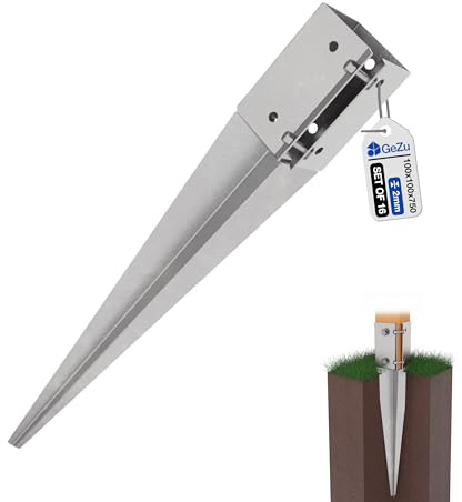 GEZU IMPEX Justerbart Stolpspett 100x100x750mm Varmförzinkat Set med 16 Markankare Stolpehållare Nedfällbar Spikklämma